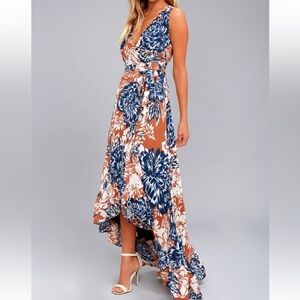 Lulus Desert Trip Rust Orange Floral Print High-Low Sleeveless Wrap Dress XS‌